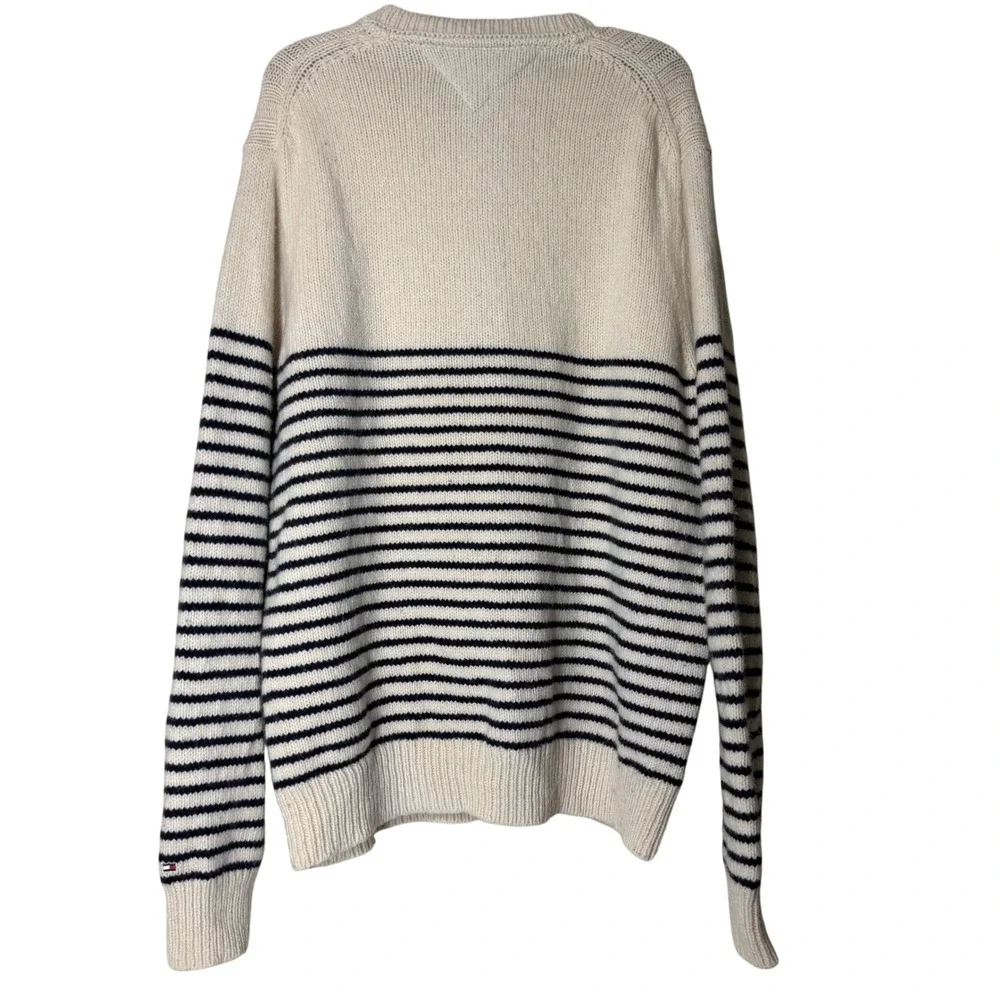 Tommy Hilfiger Mens XXL Lambs Wool Cream Navy Stripe Cable Knit Sweater Crewneck